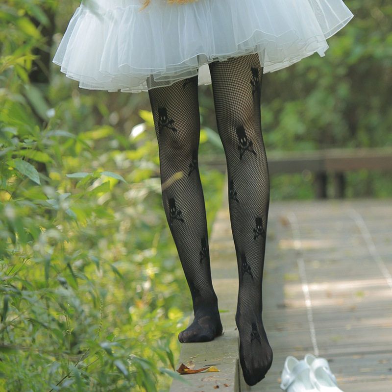 欧美洛丽塔女袜骷髅头提花网袜黑色丝袜暗黑镂空连裤袜jk暗黑风