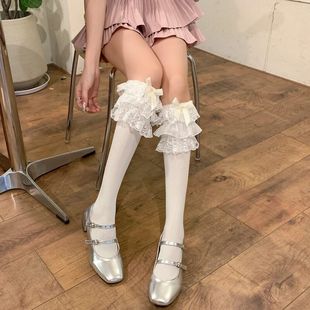 日系甜美白色蝴蝶结多层蕾丝洛丽塔袜子中筒袜萝莉青年纯欲小腿袜