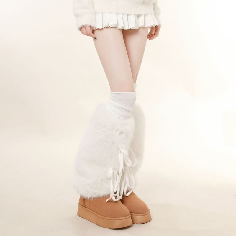 秋冬保暖白色毛毛绒腿套绑带蝴蝶结仿皮草袜套中筒堆堆袜配雪地靴