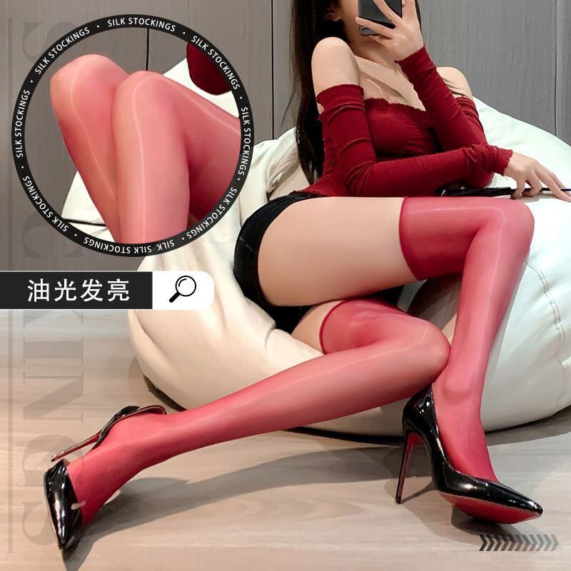 性感超薄油亮珠光红色过膝袜