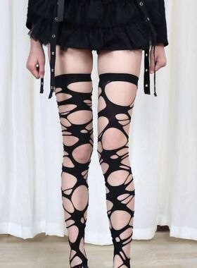 哥特丝袜朋克破洞不规则辣妹亚文化y2k黑色千禧镂空打底连裤春秋
