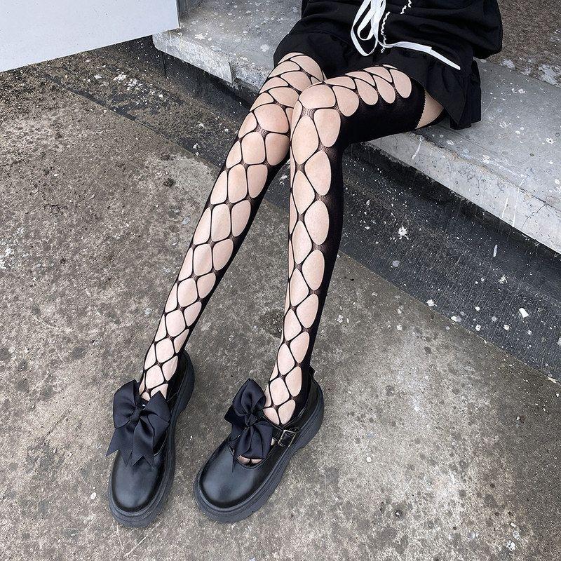 新款JK袜子吊带袜网红破洞性感日系图案长筒过膝长筒洛丽塔丝袜女