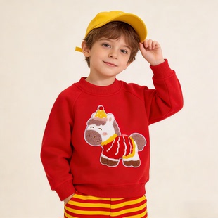 儿童新年装卫衣冬装一体绒加厚保暖上衣中大童新年小马加绒卫衣潮