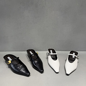 欧货真皮尖头半拖浅口一字扣坡跟包头拖鞋 欧洲站女鞋 2026春夏新款