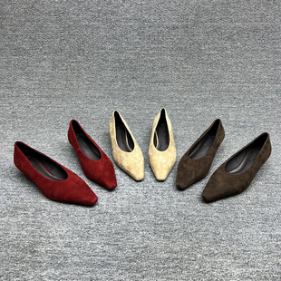 欧洲站2025秋季款欧货真皮女鞋细跟尖头羊猄皮中跟浅口单鞋高跟鞋