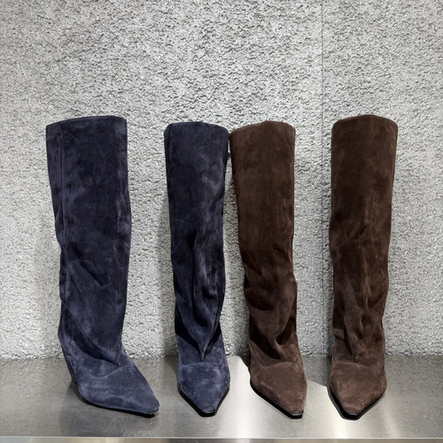 欧洲站真皮反绒坡跟尖头骑士靴女