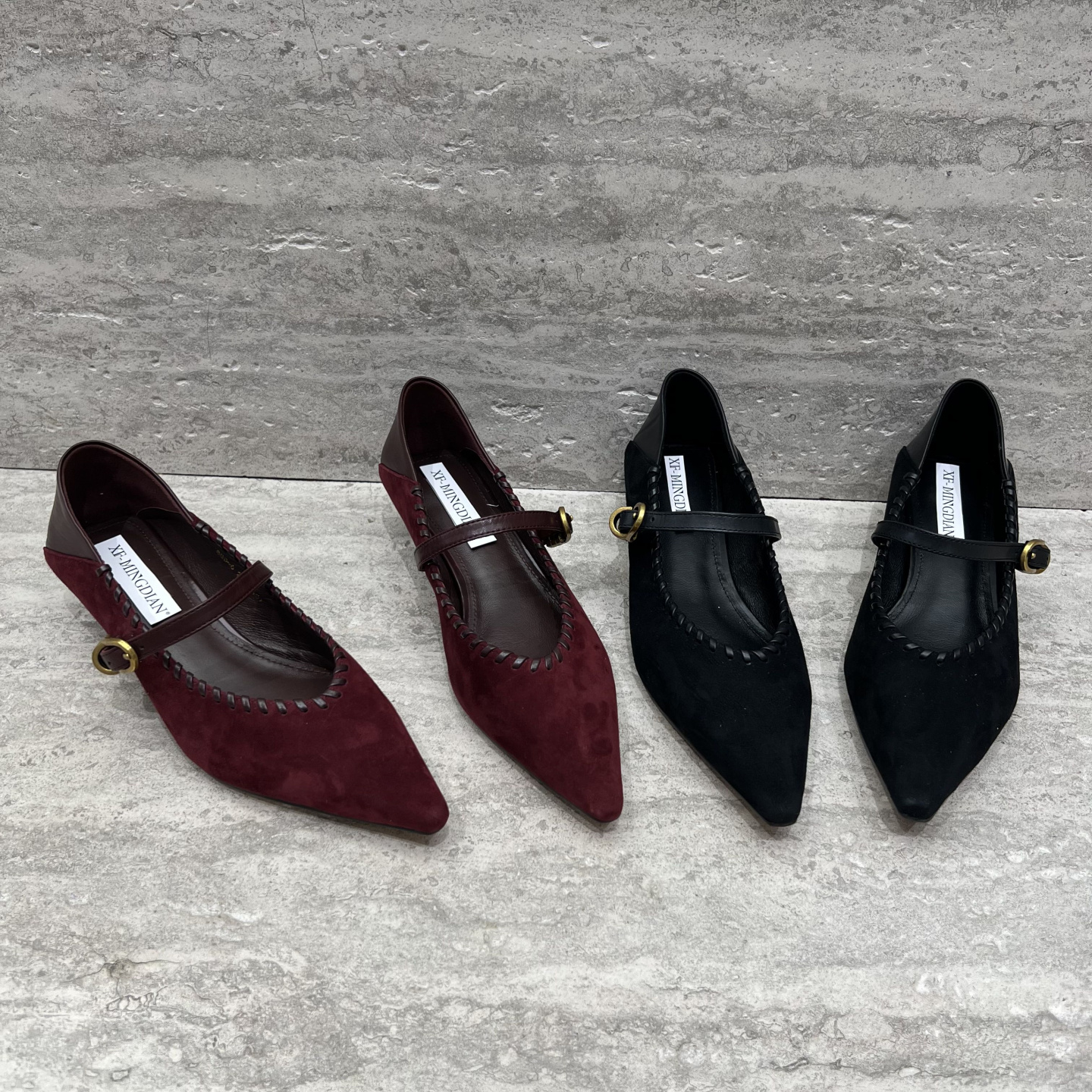 欧货磨砂皮尖头浅口一字扣高跟鞋