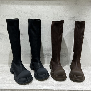 欧洲站先锋名典女鞋2025秋季新款欧货真皮圆头厚底弹力靴显瘦长靴