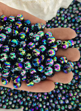 6/8/10/12mm高亮ABS仿珍珠黑ab彩穿孔圆珠饰品diy材料服装辅料珠