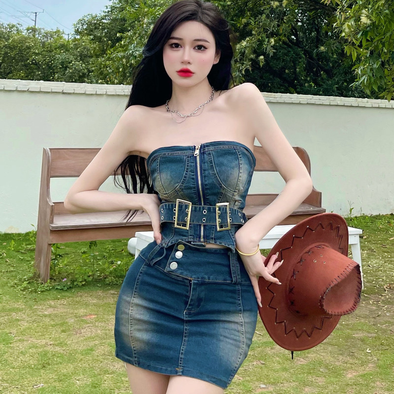 PF4722#夏季牛仔抹胸上衣短款设计感小众性感显瘦辣妹牛仔套装女裝批發 服裝批發 服裝貨源