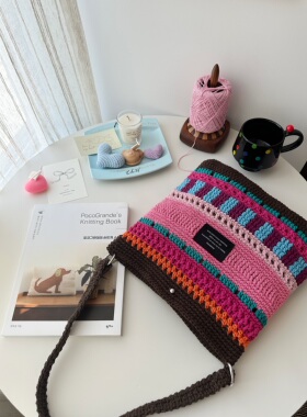 moonpie＊粉色落日2mm空心棉diy毛线钩针材料包单肩斜挎包大容量