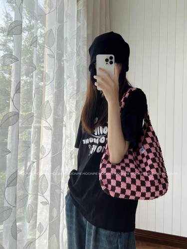 牛奶棉棋盘格单肩包diy钩针材料