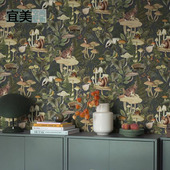 美式 墙纸兔子无缝壁画热带雨林植物壁纸儿童房卧室床头背景墙布