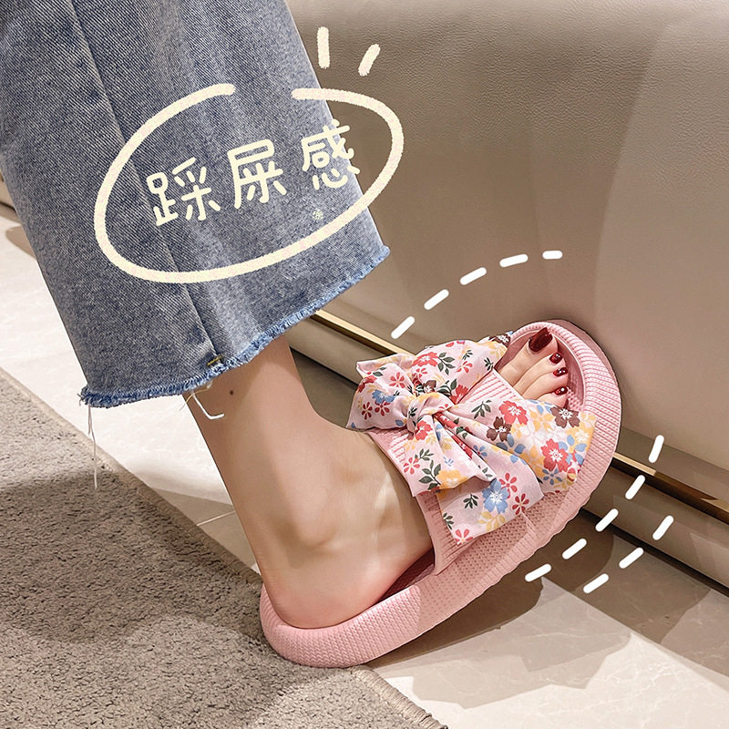 韩版碎花蝴蝶结凉拖鞋女夏季外穿厚底超软防滑一字拖鞋时尚沙滩鞋