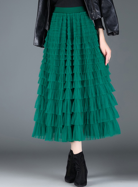 春季2025新款色高腰网纱中长款蛋糕裙A字半身裙感女0108z