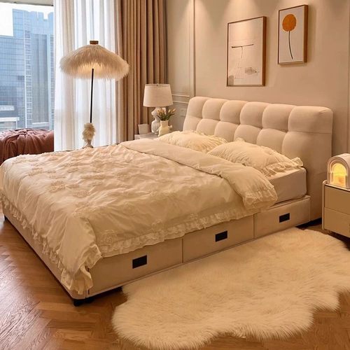 法式奶油风科技布艺床小户型网红泡芙床现代简约主卧双人储物婚床