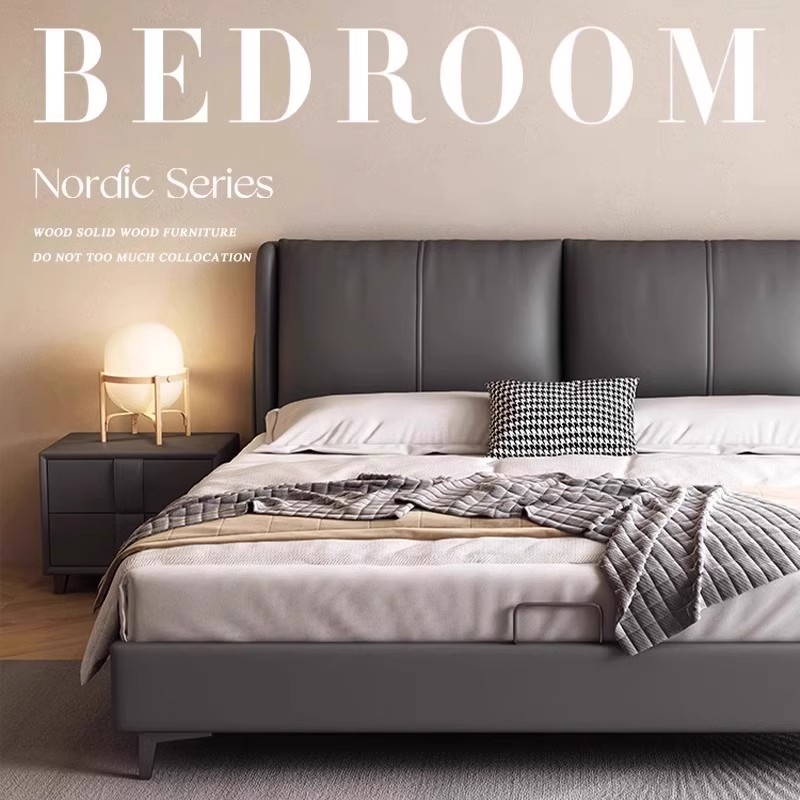 意式极简真皮床轻奢现代简约主卧大床小户型1米8软包储物双人婚床