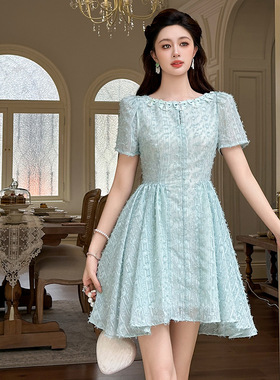 法式圆领收腰不规则连衣裙女夏季清新收腰蓬蓬裙小个子短裙21650