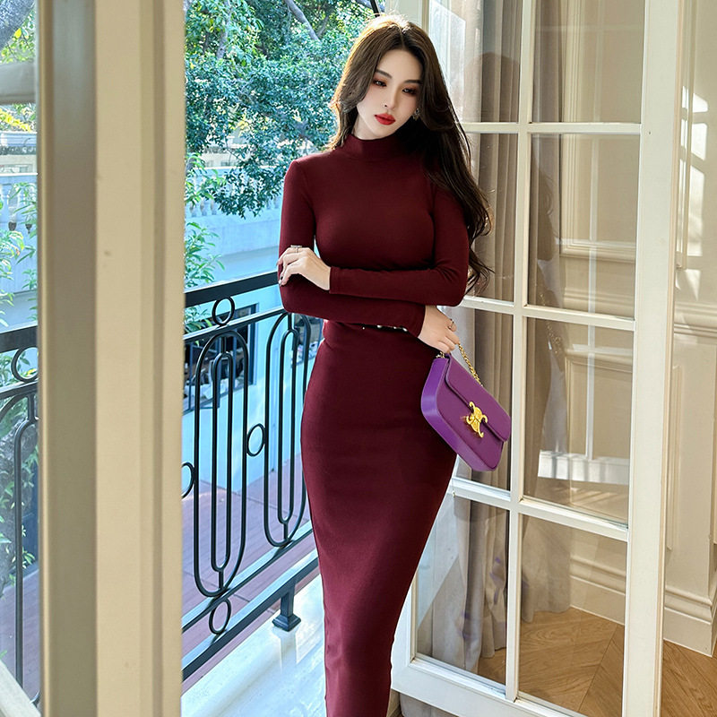 2025欧美跨境新款女显瘦加绒加厚弹力打底长裙法式修身连衣裙6213