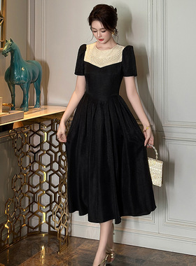 法式长裙2025夏季新款女气质重工钉珠收腰大摆赫本风连衣裙80270