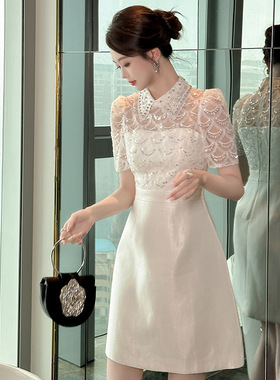 白色礼服裙2025夏季新款女装法式减龄娃娃领亮片收腰连衣裙70281