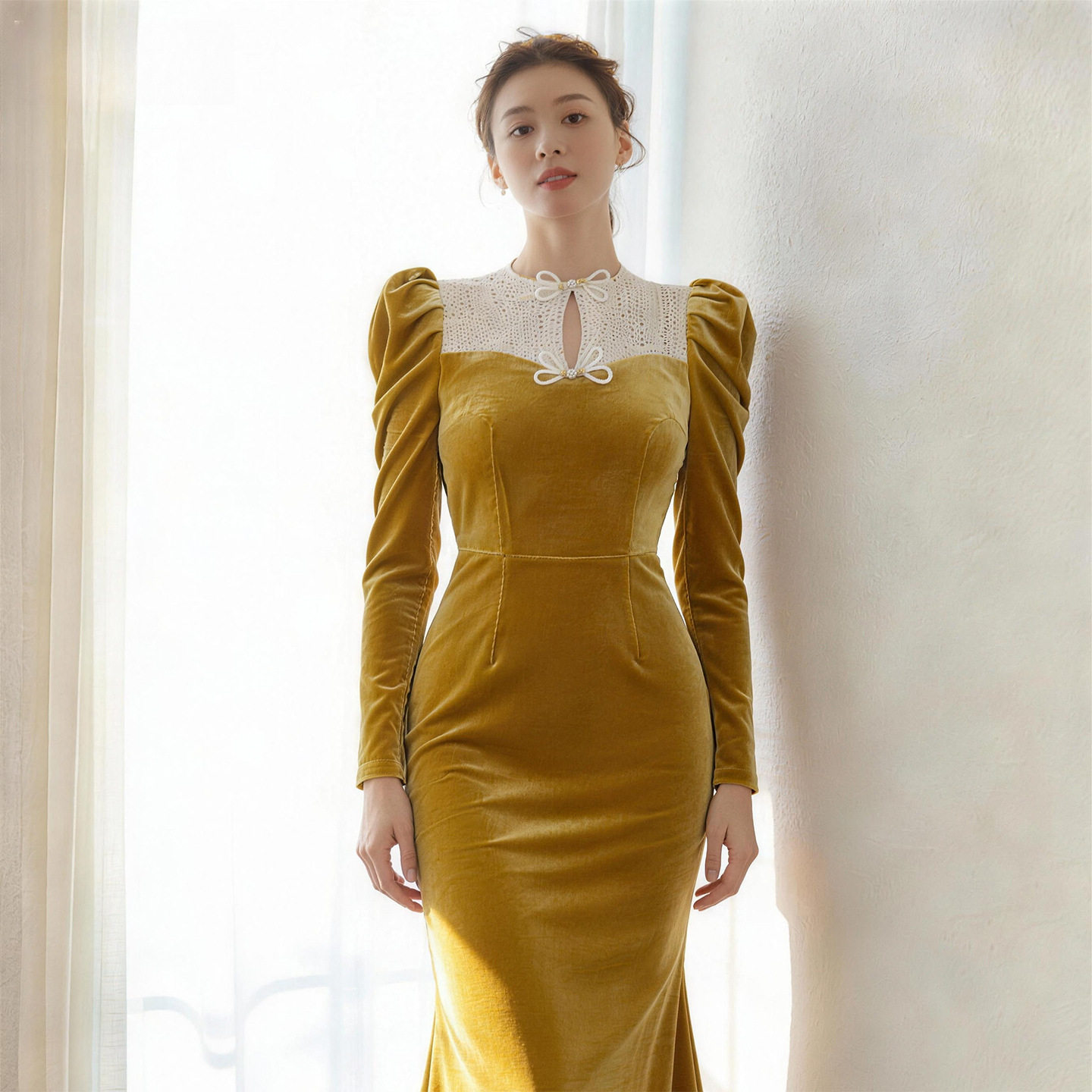 宫廷风丝绒连衣裙蕾丝领蝴蝶结长袖修身包臀鱼尾晚宴礼服21984