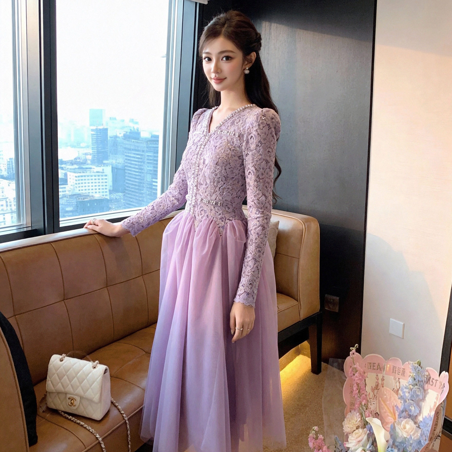 2026春装新款女装法式重工钉珠V领蕾丝拼接蓬蓬网纱连衣裙45470
