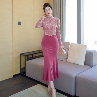 秋冬装新款女装圆领修身亮片丝绒连衣裙年会鱼尾礼服长裙51528