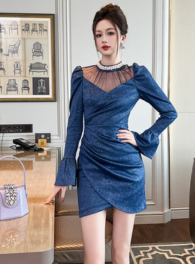 辣妹性感连衣裙女秋季2025新款重工钉珠褶皱修身包臀短裙子91349