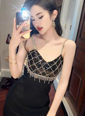 生日派对黑色小礼服裙2025夏季新款设计感镶钻收腰A字连衣裙20577