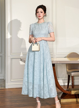 2025夏季新款女装优雅气质镶钻圆领收腰大摆长款短袖连衣裙21771