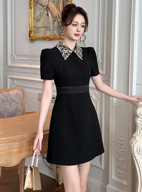 法式重工钉珠娃娃领a字连衣裙女夏季赫本风收腰显瘦小黑裙65333