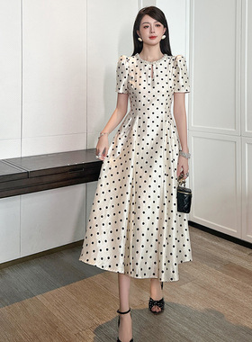 2025夏季新款女复古气质赫本风波点收腰连衣裙桔梗法式长裙21777