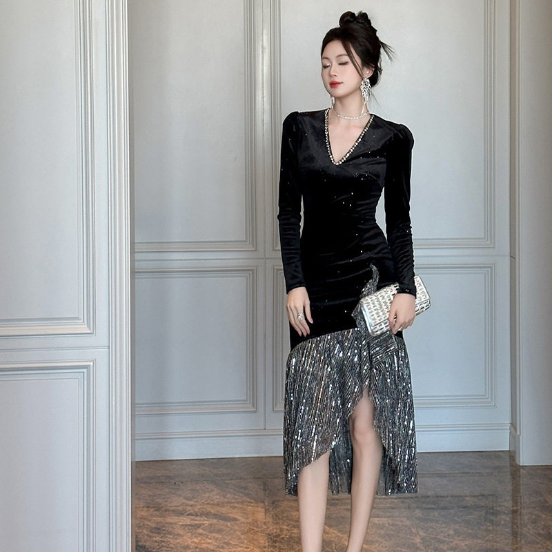 年会礼服裙2025秋冬装新款女装法式V领修身显瘦不规则连衣裙21528