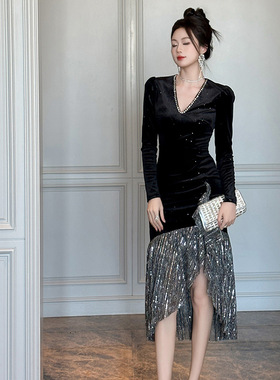 年会礼服裙2025秋冬装新款女装法式V领修身显瘦不规则连衣裙21528