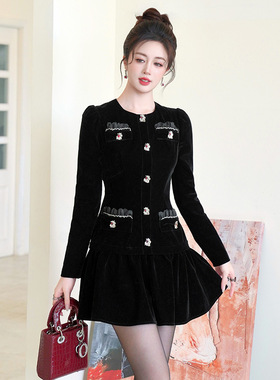 秋冬法式小香风丝绒连衣裙女收腰显瘦钉珠装饰名媛风A字裙21920