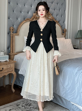 千金感小洋装2025春装新款女装V领收腰拼接假两件仙女连衣裙21612