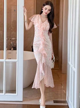 2025夏季新款女装甜美气质荷叶边设计感碎花蕾丝鱼尾连衣裙20610