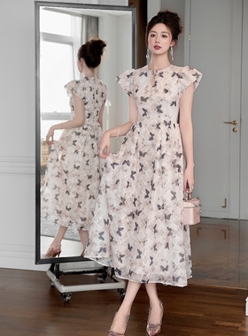 2025夏季新款女装国风设计感泡泡袖收腰大摆蝴蝶印花连衣裙21741