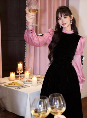 2026春装新款女装甜美气质撞色拼接收腰垂感丝绒连衣裙61336