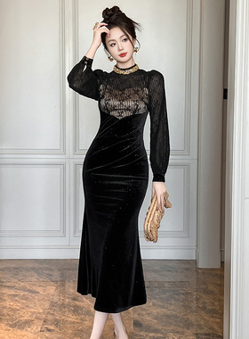 丝绒晚礼服2025秋冬装新款女重工镶钻设计感拼接修身连衣裙21541