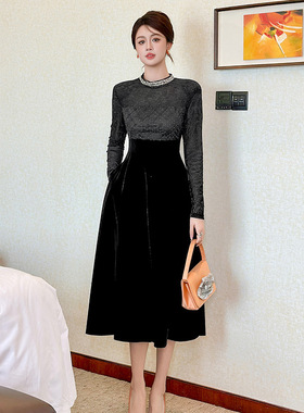 巨好看气质赫本风长袖法式丝绒收腰连衣裙冬钉珠礼服裙子女45391