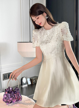 精致生日礼服裙2025夏季新款女装法式圆领收腰A字短袖连衣裙21758