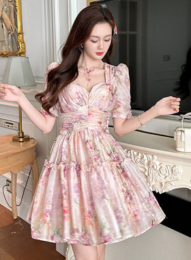 粉色印花连衣裙女夏季2025新款名媛甜美泡泡袖蓬蓬公主裙21372