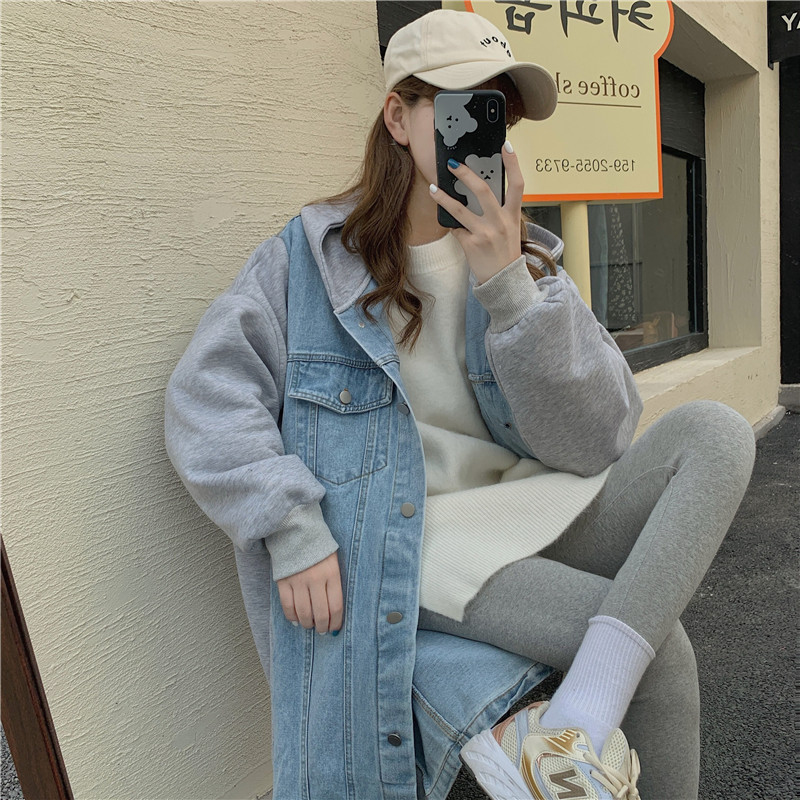 Real shot fried Street casual 4-size hooded denim stitching sweater coat for women Korean version loose medium length top