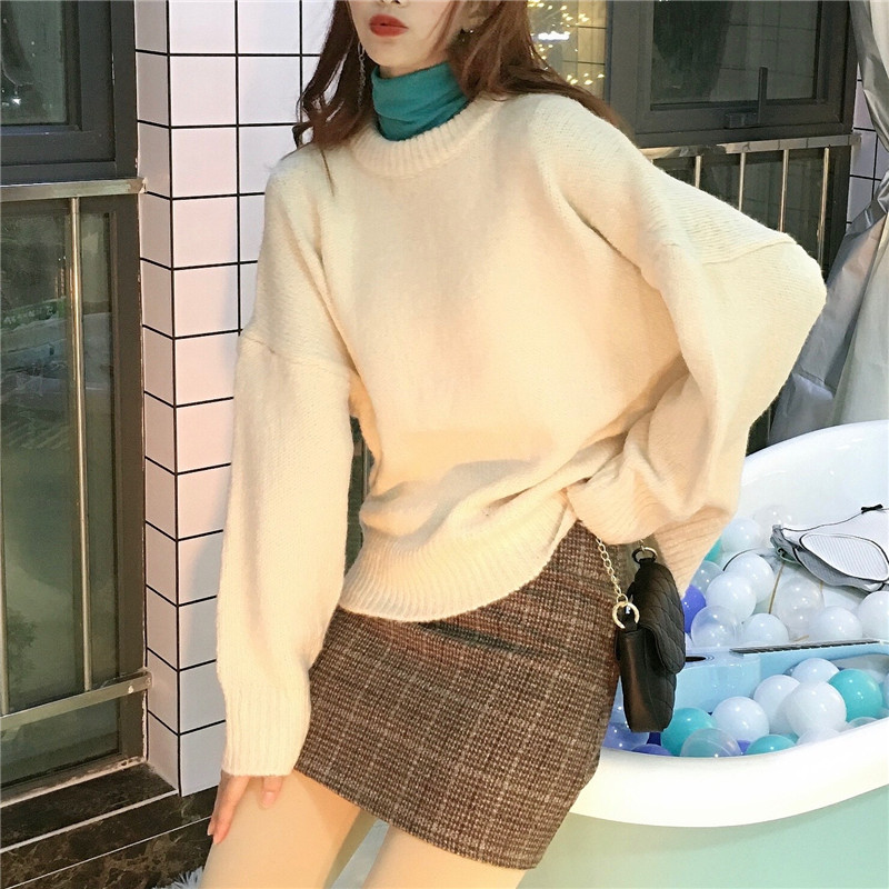 Real price autumn and winter versatile Pullover crew neck loose knit shirt long sleeve warm sweater + Lace bottomed shirt