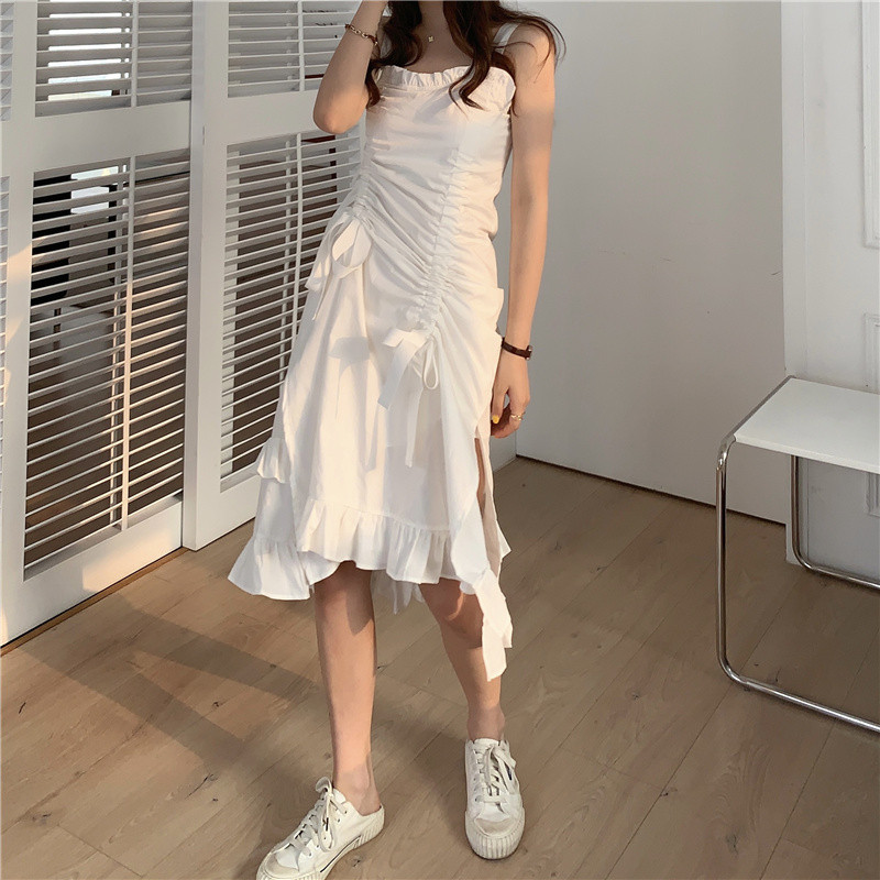 Real price ~ women's dress in early spring 2021 new black and white high-grade sense slim Ruffle Drawstring