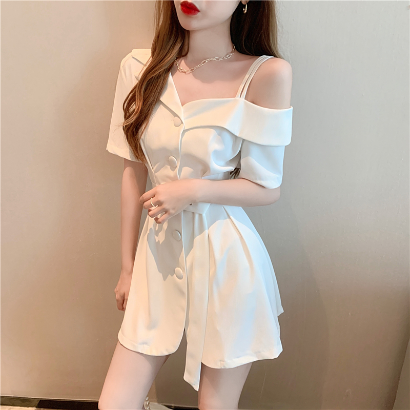 實拍實價 時尚設計性感露肩西裝裙系帶收腰顯瘦女神氣質連衣裙子