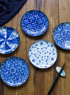 有古窑日本原装进口餐具美浓烧陶瓷日式家用5寸菜盘点心盘子 古染