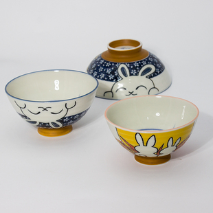 进口餐具美浓烧陶瓷碗日式 日本原装 家用和风卡通饭碗米饭碗月见兔